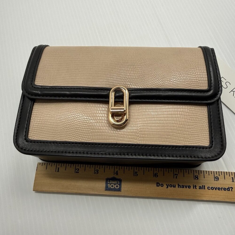 Jules Kae Mia Vegan Leather Clutch Crossbody Beige Black Gold Lock Shoulder Bag - Picture 10 of 10